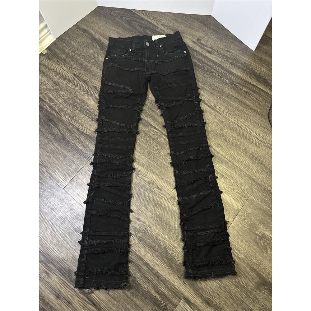 FWRD DENIM Stacked Fit Distressed Fringe Black Straight Jeans 30x36